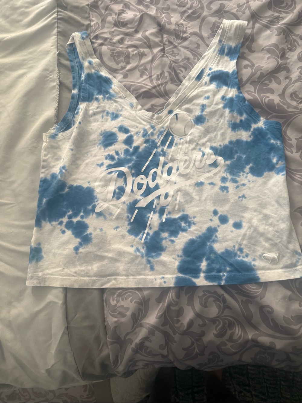 PINK Victoria's Secret White and Blue Tie-Dye Dodgers Crop Tank